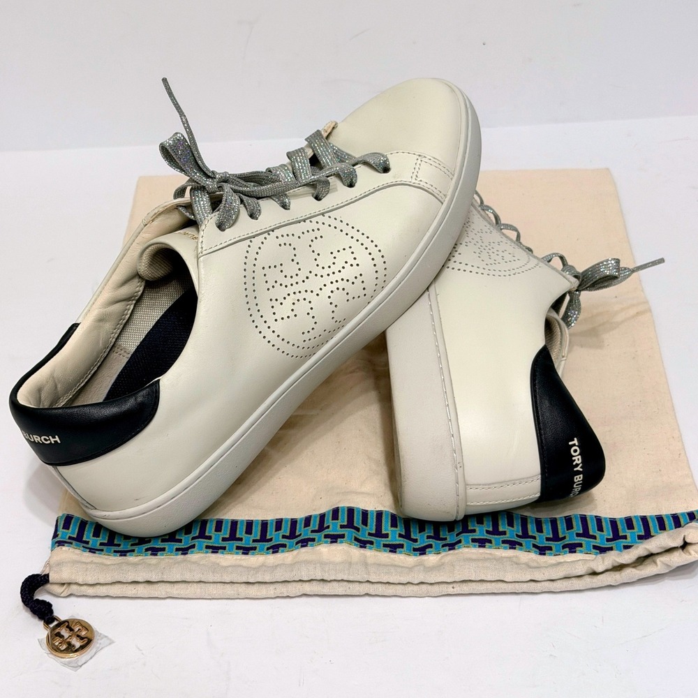 Tory Burch Leigh Sneaker Ivory White Leather Silver Glitter Lace 9.5M 83603
